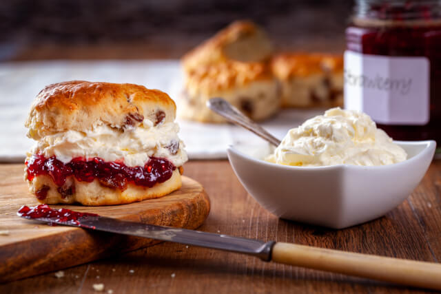 Fruit scones with jam and cream
