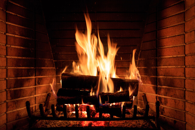 Roaring fireplace at country pub near Evesham